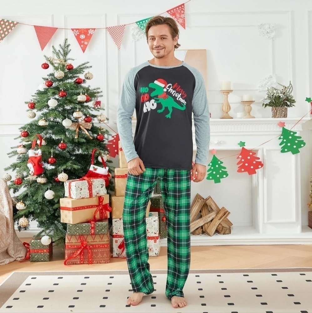 Christmas Pajamas Set. Men's XXL Dinosaur Top, Plaid Bottoms